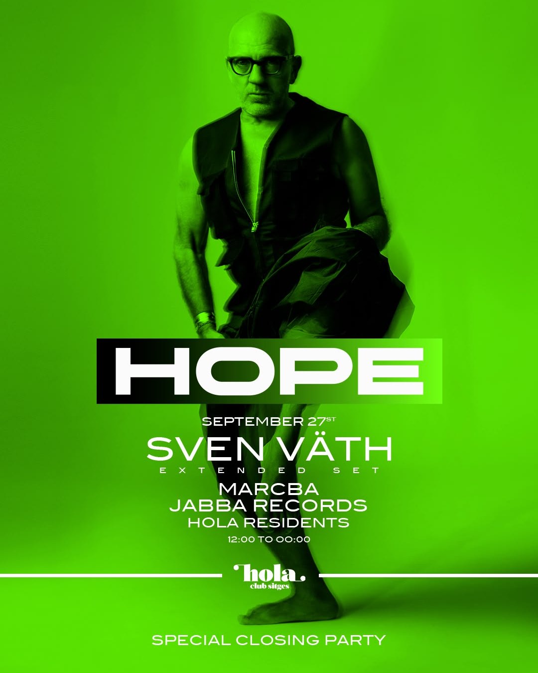 Poster: HOPE presents Sven Väth at Hola Club Sitges, special closing party, 27 September 2026, with Jabba Records on the lineup