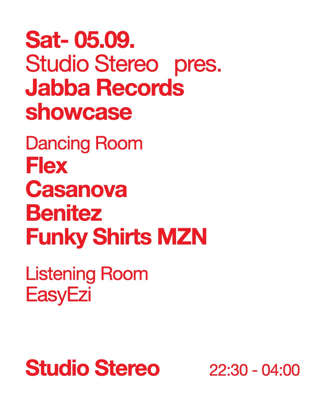 Poster: Studio Stereo presents Jabba Records showcase, 5 September 2026